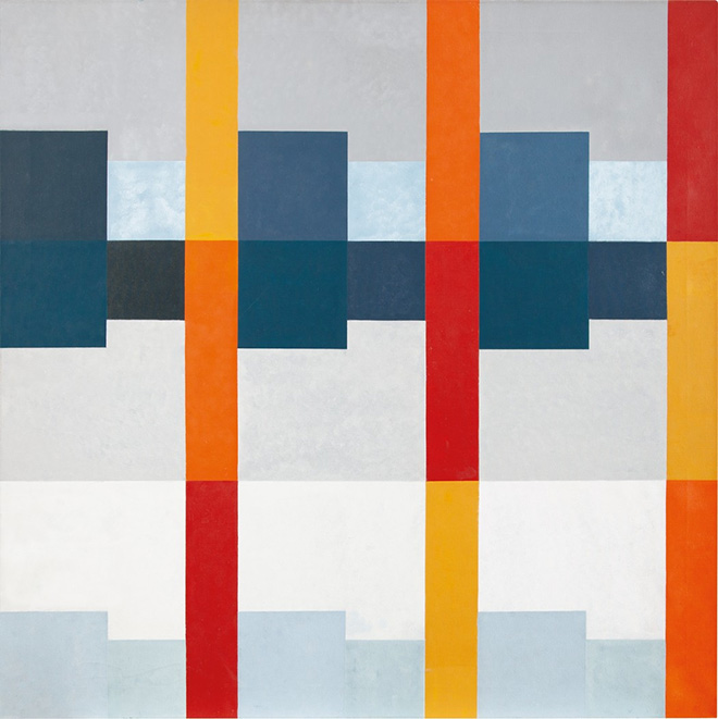 Hedi Mertens - Nove gruppi di quadrati articolati cromaticamente, accentuati in verticale e orizzontale, 1970. Olio su tela. Lascito Hedi Mertens