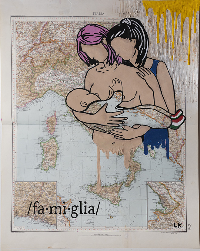 Laika - Famiglia, tecnica mista su mappa geografica