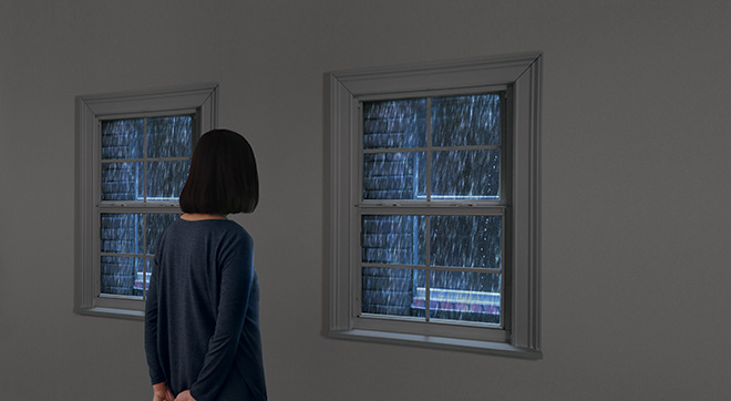 Leandro Erlich - Rain (1999), Metal structure, wood board, windows, bricklike, interior, water circulation system, sound, and strobe, light system, 244x140x50 cm