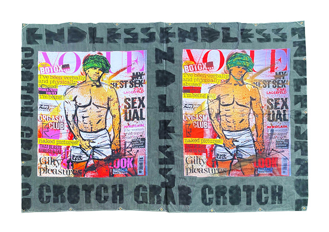 Endless - CROTCH GRAB VOGUE BANNER, 2022. Digital design and spray paint on military grade fabric, 269 x 358 cm. Courtesy of: Cris Contini Contemporary