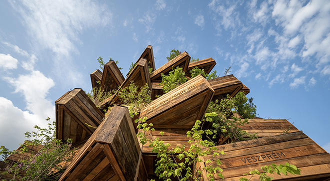 Hello Wood - The Garden of Communities, vertical garden, ECOC 2023. Photo credit: Gyorgy Palko