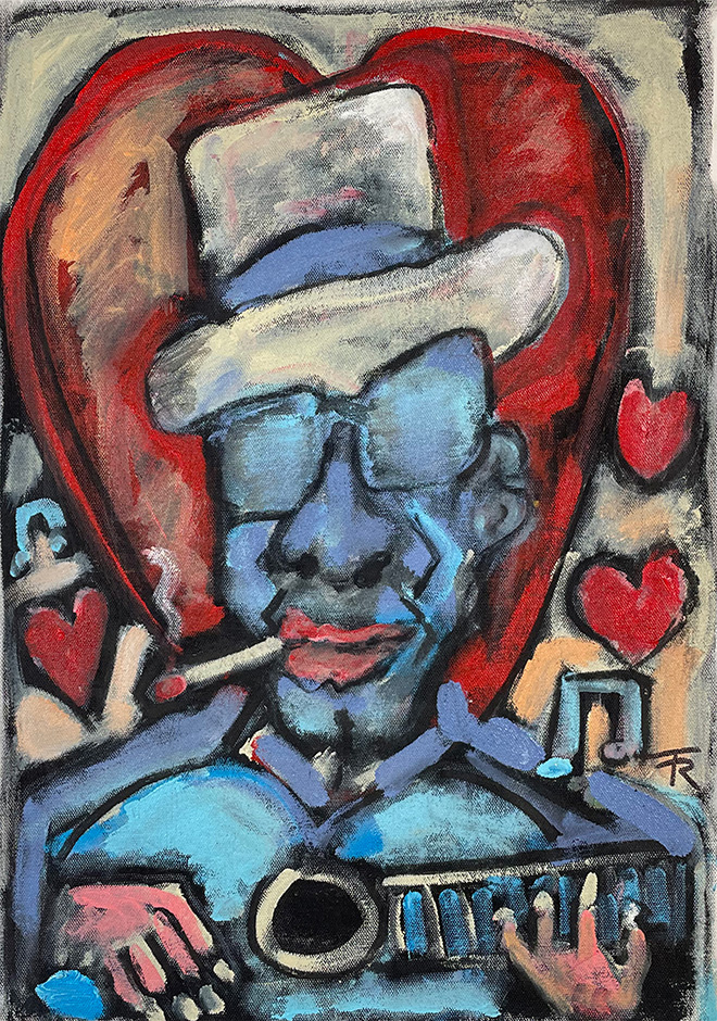 Tom Russell, Beyond the Blues - Lightnin' Hopkins, 2021. Acrylic on canvas, 50x35 cm