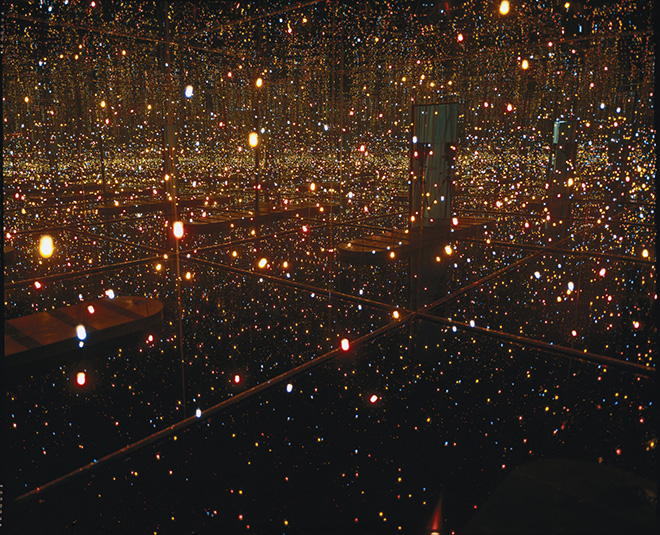 Yayoi Kusama, Fireflies on the Water, 2002. Mirrors, plexiglass, lights, and water, 111 × 144 1/2 × 144 1/2 in. (281.9 × 367 × 367 cm). Whitney Museum of American Art, New York; purchase with funds from the Postwar Committee and the Contemporary Painting and Sculpture Committee and partial gift of Betsy Wittenborn Miller 2003.322. © Yayoi Kusama. Photograph by Sheldan C. Collins
