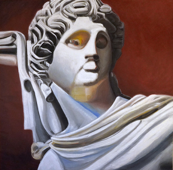 Ozmo - Portrait of an Apollo with red background, Pastel on canvas, 200x200cm, 2022