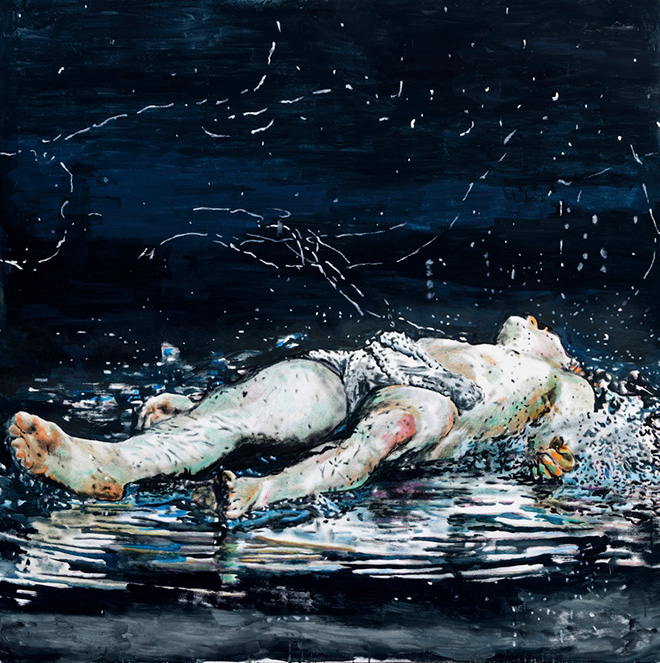 Andrea Saltini - Pescatore di uomini, ascensione di Pietro, 2023, tecnica mista su tela, 180x180 cm