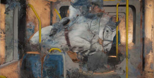 Nicola Pucci - Salto cavallo bianco su treno, olio su rame , 40x55 cm. 2023