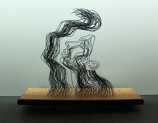 Gavin Worth - Wire Sculpture - And Light Fell On Her Face Through Heavy Darkness - Steel rods and cedar wood, 96x72x30