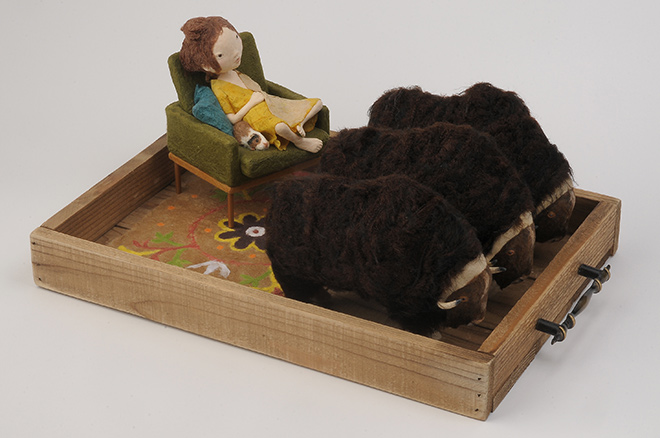 Paper Sculptures, Room, 2007, 6” x 6” x 12”, Washi, wire, wool, found wooden drawer