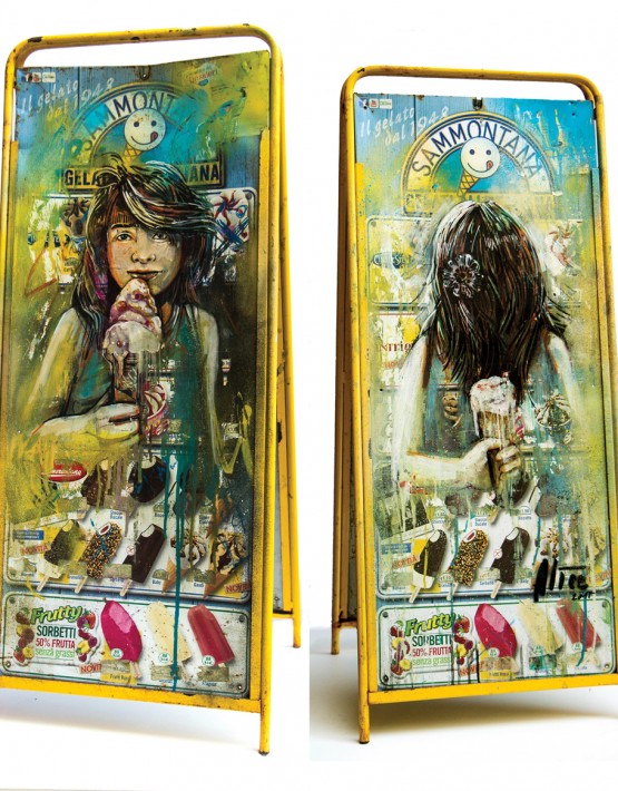 Alice Pasquini - Red fruits, 2015 - 43×104×40 cm - Acrylic and spray on icecream signboard