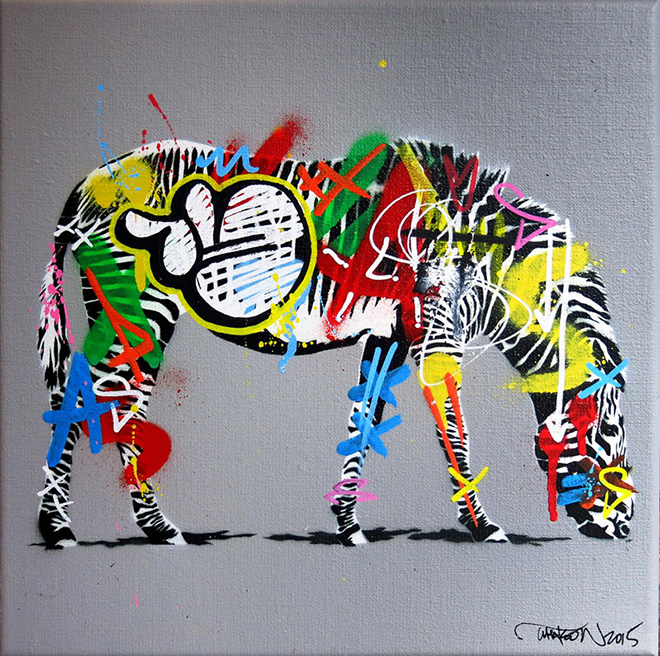 Martin Whatson - Zebra, Mixed media on canvas - 12 x 12 Inches - 30 x 30 cm