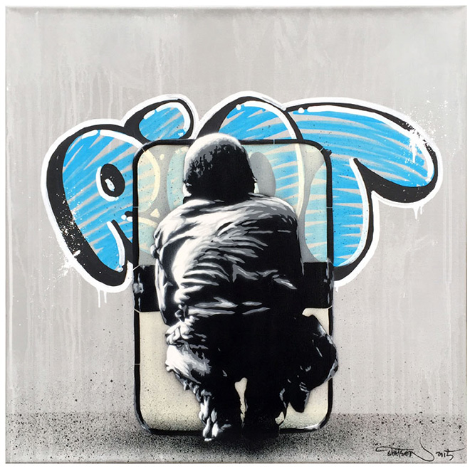 Martin Whatson - Riot, Spray paint and acrylic on canvas - 23.5 x 23.5 Inches - 60 x 60 cm