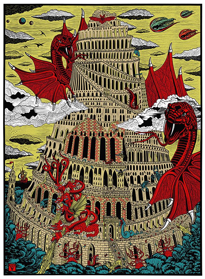 Frederic Voisin - La Tour de BABEL, serigrafia, 70 x 100 cm, 2015