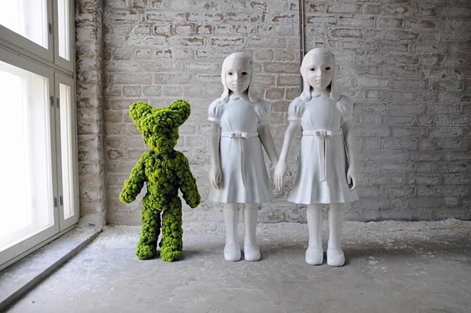 Kim Simonsson - Two Headed Moss Bunny and Moss Girl, 2015 - Nylon and Ceramic Fibre, 15 X 40 X 30 INCHES