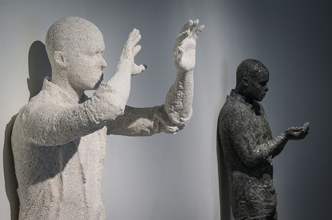 Daniel Arsham - Standing Figure with Hands Up, 2015, Courtesy of the Burger Collection Hong Kong + Standing Figure with Hands Out, 2015, Courtesy of the Artist and Galerie Perrotin, New York/Paris