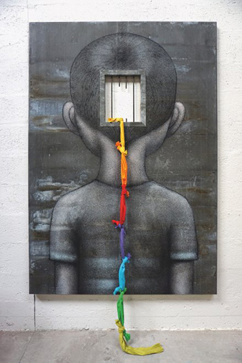 Seth (FR) - Escape, 2015, spray e acrilici su lastra di zinco rivettata recuperata dai tetti di Parigi, tessuto, sbarre d'acciaio