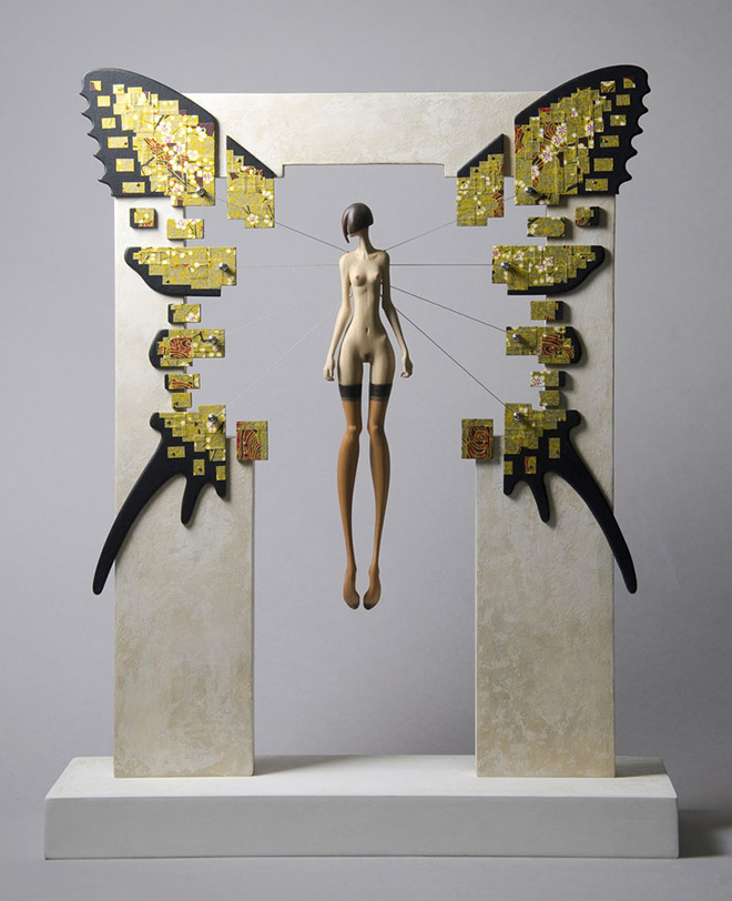 John Morris - High Wire, Timber, paint, Japanese Chiyogami paper and metal, 30cm x 37cm