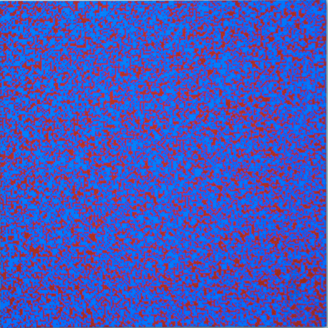 François Morellet - Répartition aléatoire de 40.000 carrés suivant les chiffres pairs et impairs d’un annuaire de téléphone, 50% bleu, 50% rouge [Ripartizione aleatoria di 40.000 quadrati secondo le cifre pari e dispari di un elenco telefonico, 50% blu, 50% rossi], 1961. Inchiostro serigrafico su legno, 80 × 80 cm - Collezione François e Danielle Morellet, Cholet