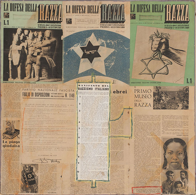 Bruno Canova - Razzismo italiano, 1995, collage e tecnica mista su masonite, cm. 71 x 70.