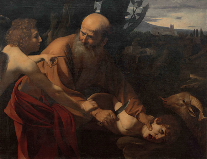 Michelangelo Merisi da Caravaggio - Sacrificio di Isacco, 1602-1603. Olio su tela, 152,5 x 182 x 11 cm. Galleria degli Uffizi, Firenze, Gabinetto Fotografico delle Gallerie degli Uffizi