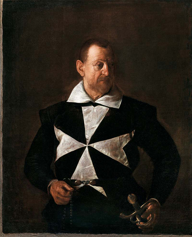 Michelangelo Merisi - Ritratto di Cavaliere di Malta (Alof de Wignacourt?) (1607-1608), olio su tela; 118,7 x 95,7 cm; inv. O.d.A. n. 717 Firenze, Galleria Palatina di Palazzo Pitti.