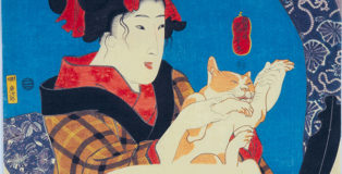 Utagawa Kuniyoshi - Ragazza che gioca col gatto, Serie senza titolo di donne che si riflettono allo specchio, circa 1845, silografia policroma(nishikie), 22,8x28,8 cm. Masao Takashima Collection