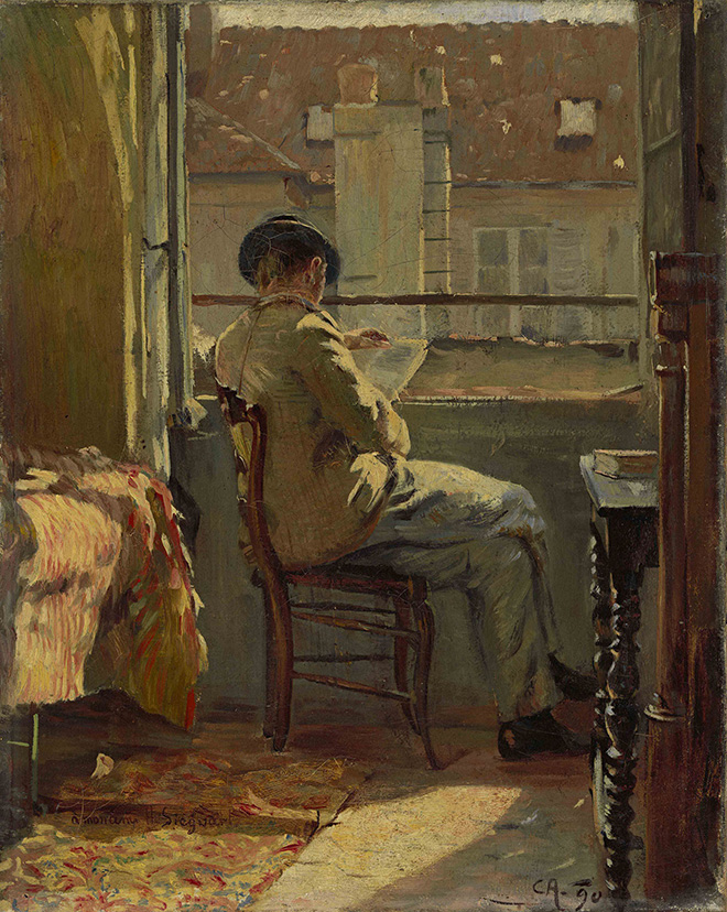 Cuno Amiet - 1890.07 Giovanni Giacometti legge alla finestra – Parigi (Giovanni Giacometti am Fenster lesend – Paris). 1890, olio su tela, 41 x 32.5 cm. Collezione privata. © M. + D. Thalmann, Herzogenbuchsee. Crediti fotografici: SIK-ISEA, Zurigo (Philipp Hitz)