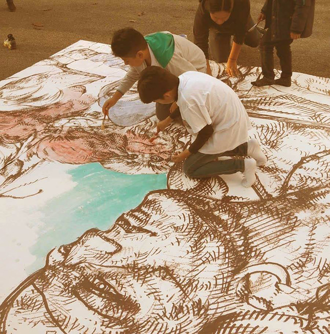 Murales Coronilla - Gio Manzoni durante il workshop con i bambini di Bergamo