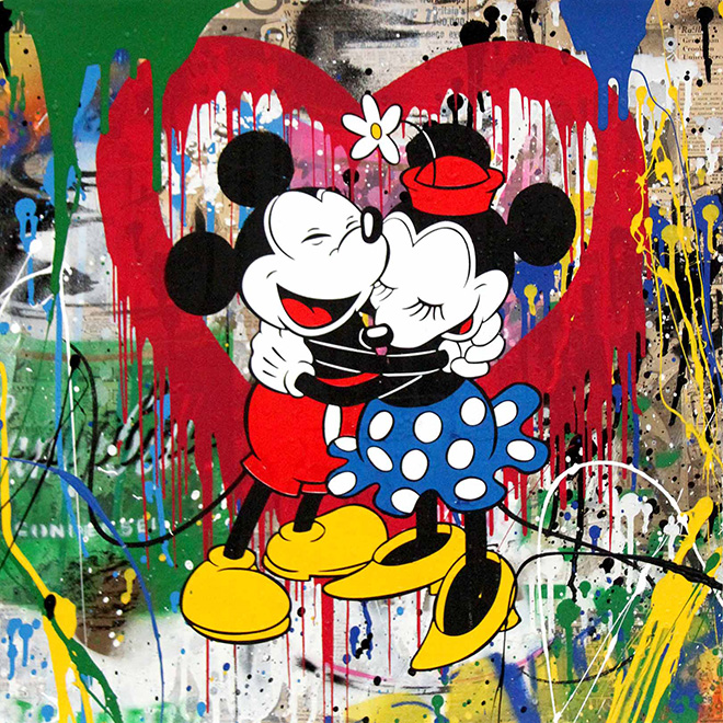 Mr. Brainwash - Mickey e Minnie, 2017, tecnica mista su carta, cm 56x56