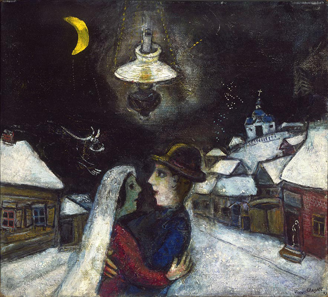 Marc Chagall - Nella notte, 1943, olio su tela, 47 x 52.4 cm. Philadelphia Museum of Art, Collezione Louis E. Stern, 1963