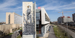 MonkeyBird - Colossus with feet of clay, 2018, Paris. Collaboration with Louvre Museum and Paris Nanterre University. photo credit: ©Lionel Belluteau