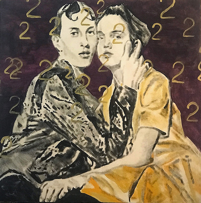 Andrea Saltini - Insieme noi due siamo pari, 2018, argilla pigmentata di nero, gesso, pigmenti, inchiostri cinesi su tela, cm. 100x100, courtesy ArteSì - Galleria d’Arte Contemporanea