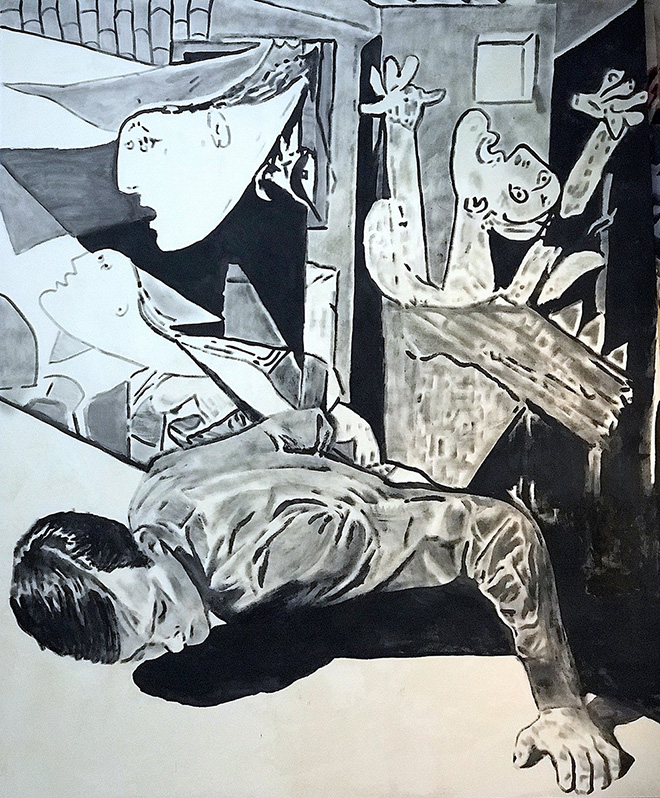 Andrea Saltini - Sopravvivere a Picasso, 2018,  argilla pigmentata di nero, gesso, pigmenti, inchiostri cinesi, courtesy ArteSì - Galleria d’Arte Contemporanea