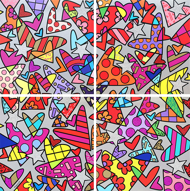 Romero Britto - Huge, 2017, serigrafia su tela, 4 elementi, cm 249x249 cad.