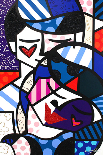 Romero Britto - Love me tender, 2017, serigrafia su tela con polvere di diamante, cm 137x91,5