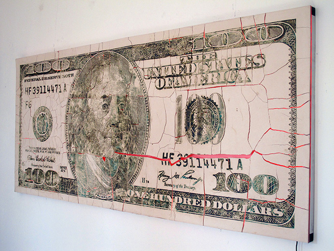 Veljko Zejak - Big money, 2015, print in clay ceramics, Plexiglas, aluminium, silicon, LED lights. cm 196,5 x 83 x 5