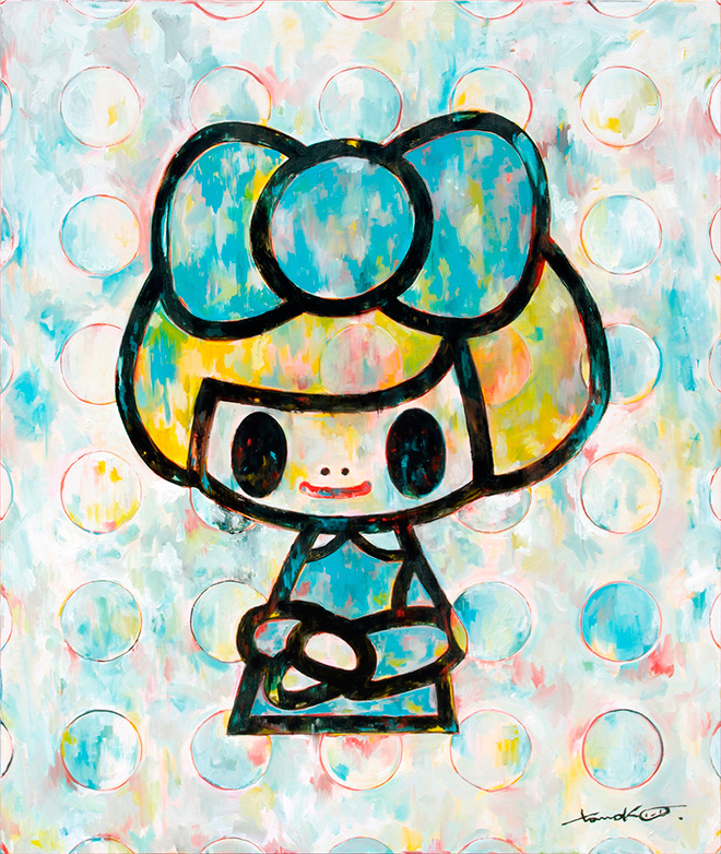 Tomoko Nagao - Gioconda, waterblue ribbon white dotts, 2018. olio su tela, cm 120x100