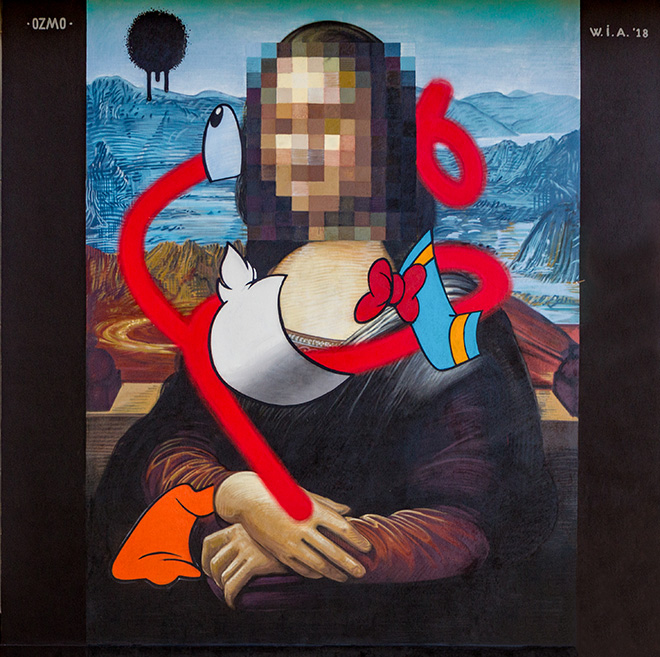 OZMO - Pixelated Mona Lisa with destructurated Donald Duck in Valle Camonica, WALL IN ART 2018, Angone. Photo credit: Davide Bassanesi