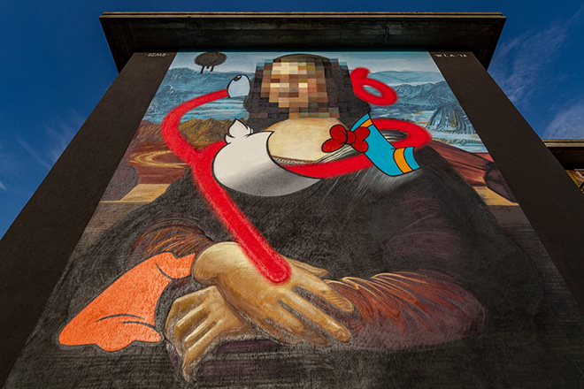 OZMO - Pixelated Mona Lisa with destructurated Donald Duck in Valle Camonica, WALL IN ART 2018, Angone. Photo credit: Davide Bassanesi