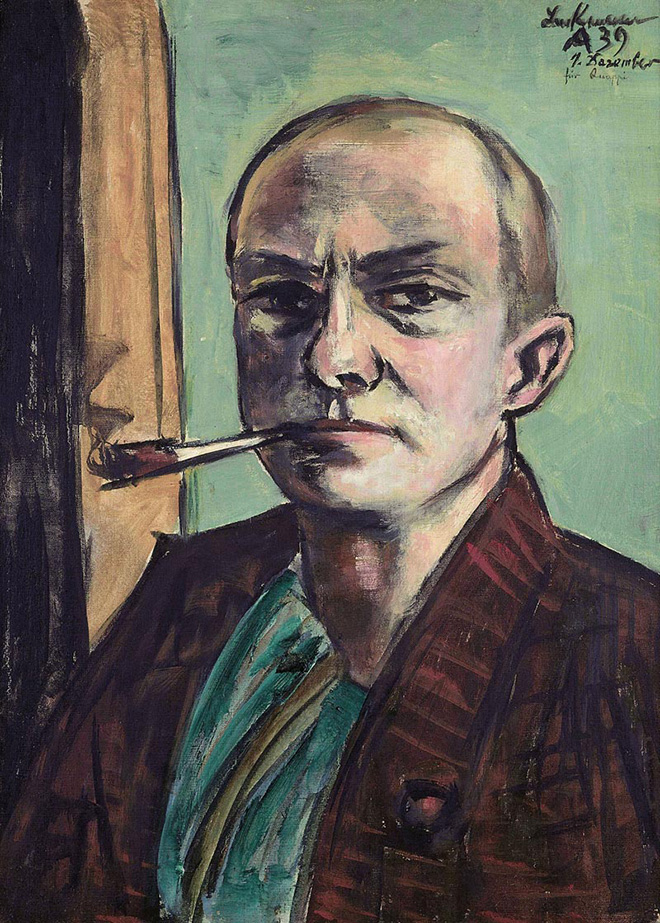 Max Beckmann - Autoritratto su sfondo verde con camicia verde - 1938-1939, olio su tela, 65.5 x 50 cm, Museum der bildenden Künste Leipzig Nachlass Mathilde Q. Beckmann, © 2018, ProLitteris, Zurich