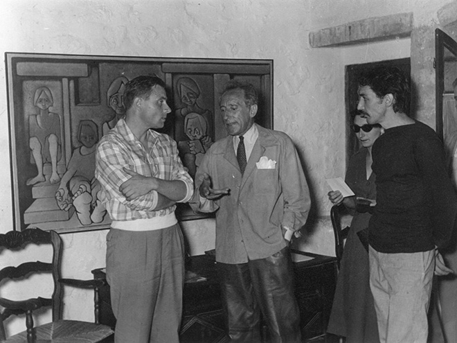 Vernissage con Jean Cocteau, sullo sfondo l'opera di Franco Cardinali (Le centred'Hébergement), Galerie Guenegaud, Parigi, 1955.