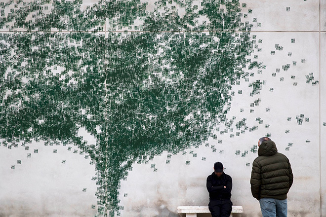 Pejac - The shape of days, Gold Mine, street art nella prigione El Dueso, Santander, 2019