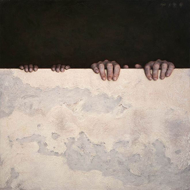 Dan Witz - Kilroy Square (two hands) oil on panel, 2018