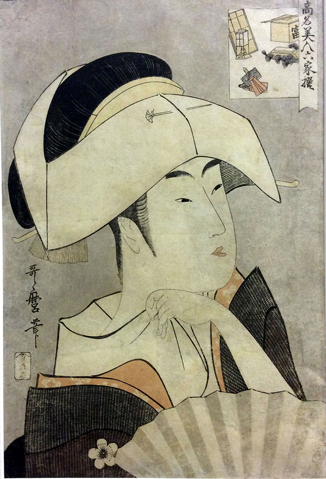 Utamaro, Kitagawa, Ritratto di Tomimoto Toyohina - della serie Le rinomate beltà delle sei migliori case, 1790. xilografia policroma su carta da gelso, 390x258 mm.