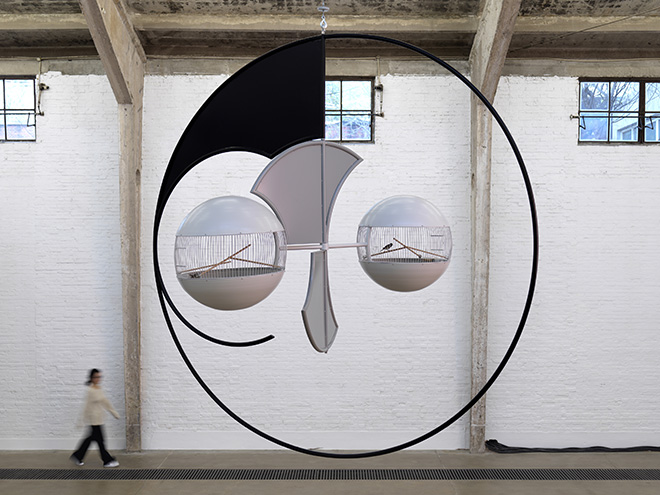 CARSTEN HÖLLER - Circle Division Canary Mobile (Black Outside, White Inside), 2018, struttura mobile circolare con 2 gabbie circolari e 2 canarini. Diametro totale 320 cm (ciascuna gabbia diametro 90 cm). (circular mobile structure with 2 powder-coated caged and 2 canaries. Total diameter 320 cm (each cage diameter 90 cm). Courtesy: the artist and GALLERIA CONTINUA, San Gimignano / Beijing / Les Moulins / Habana. Photo by: Jonathan Leijonhufvud