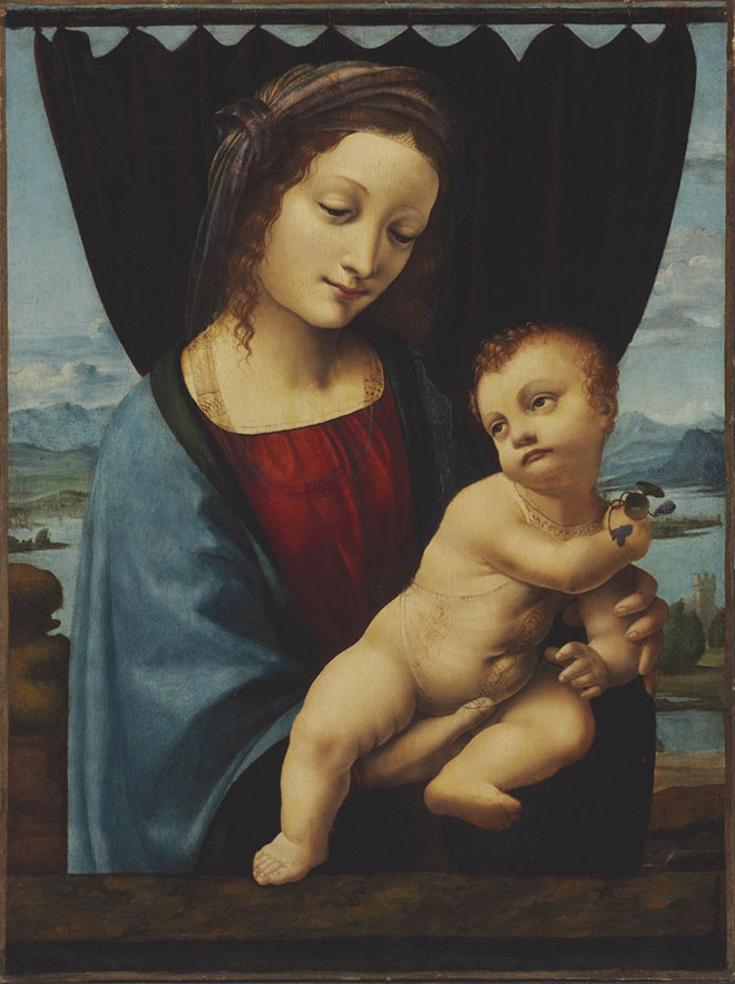 Marco d’Oggiono (documentato dal – morto nel 1524) , Madonna con il Bambino (“Madonna della Violette”). Olio su tavola trasferito su tela, c. 1495 – 1498 . © Eredità della Contessa Nadia de Navarro, inv. NYCTK 490/0005/0005