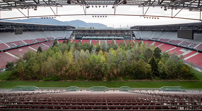 Klaus Littmann, FOR FOREST - The Unending Attraction of Nature, Art Intervention, 2019, Wörthersee Stadium Klagenfurt | Austria. Photo: Gerhard Maurer