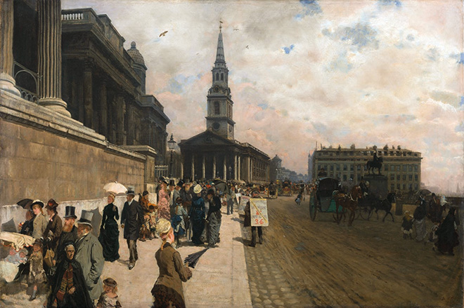 Giuseppe De Nittis: La National Gallery e la chiesa di Saint Martin a Londra, 1877. olio su tela, cm. 71 x 105,5. Parigi, Petit Palais, Musée des Beaux de la Ville de Paris