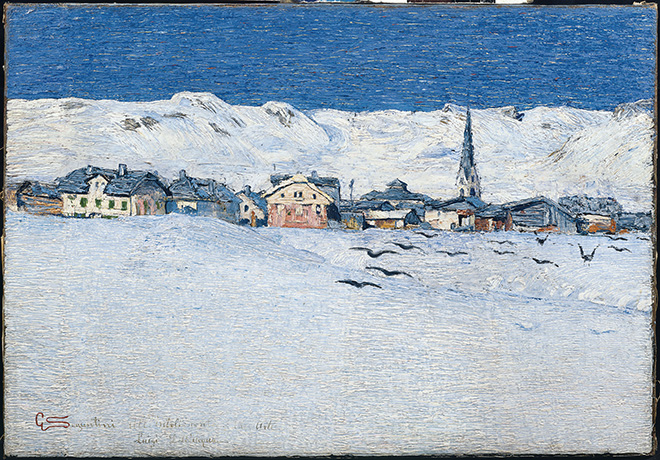 Giovanni Segantini - Savognino sotto la neve, non datato (1890), olio su tela, 35x50 cm. Firmato e dedicato (All’intelligente in arte Luigi Dell’Acqua). Collezione privata