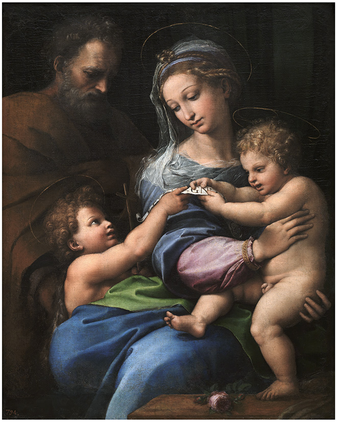 Raffaello - La Madonna della Rosa, Madonna of the Rose 1518-1520, olio su tavola trasportata su tela / oil on panel transferred to canvas, Madrid, Museo Nacional del Prado ©2020. Copyright immagine Museo Nacional del Prado.