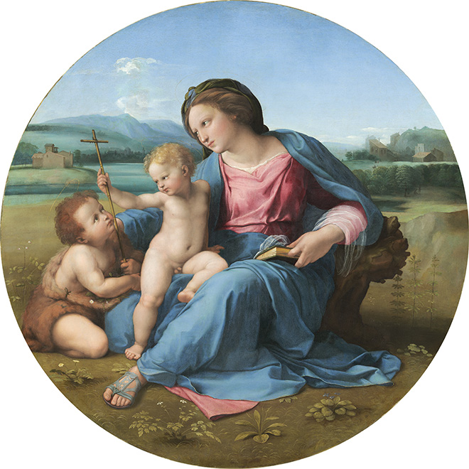 Raffaello - Madonna con il Bambino e san Giovannino (Madonna d'Alba) Madonna and Child with Saint John 1510 circa olio su tavola trasferito su tela / oil on panel transferred to canvas  Washington, D.C., National Gallery of Art, Andrew W. Mellon Collection